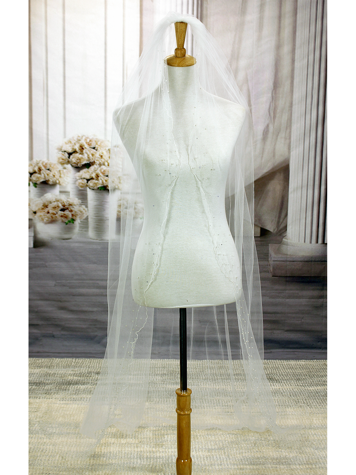 Long Veil - woven trim with beads and pearls embellishment - 108" - VL-V103-108IV