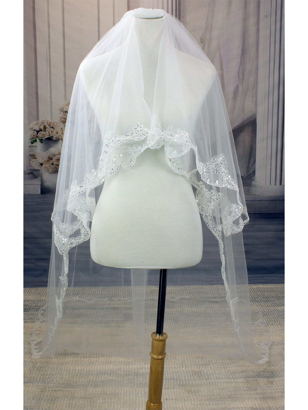 Long Veil - 2 layer with sequin & pearl embellished lace - 110" - VL-V1058-110IV