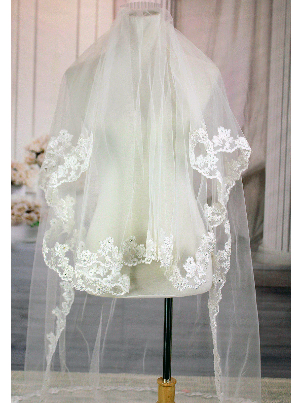 Long Veil - 2 layer with sequin & pearl embellished lace - 110" - VL-V1062-110IV