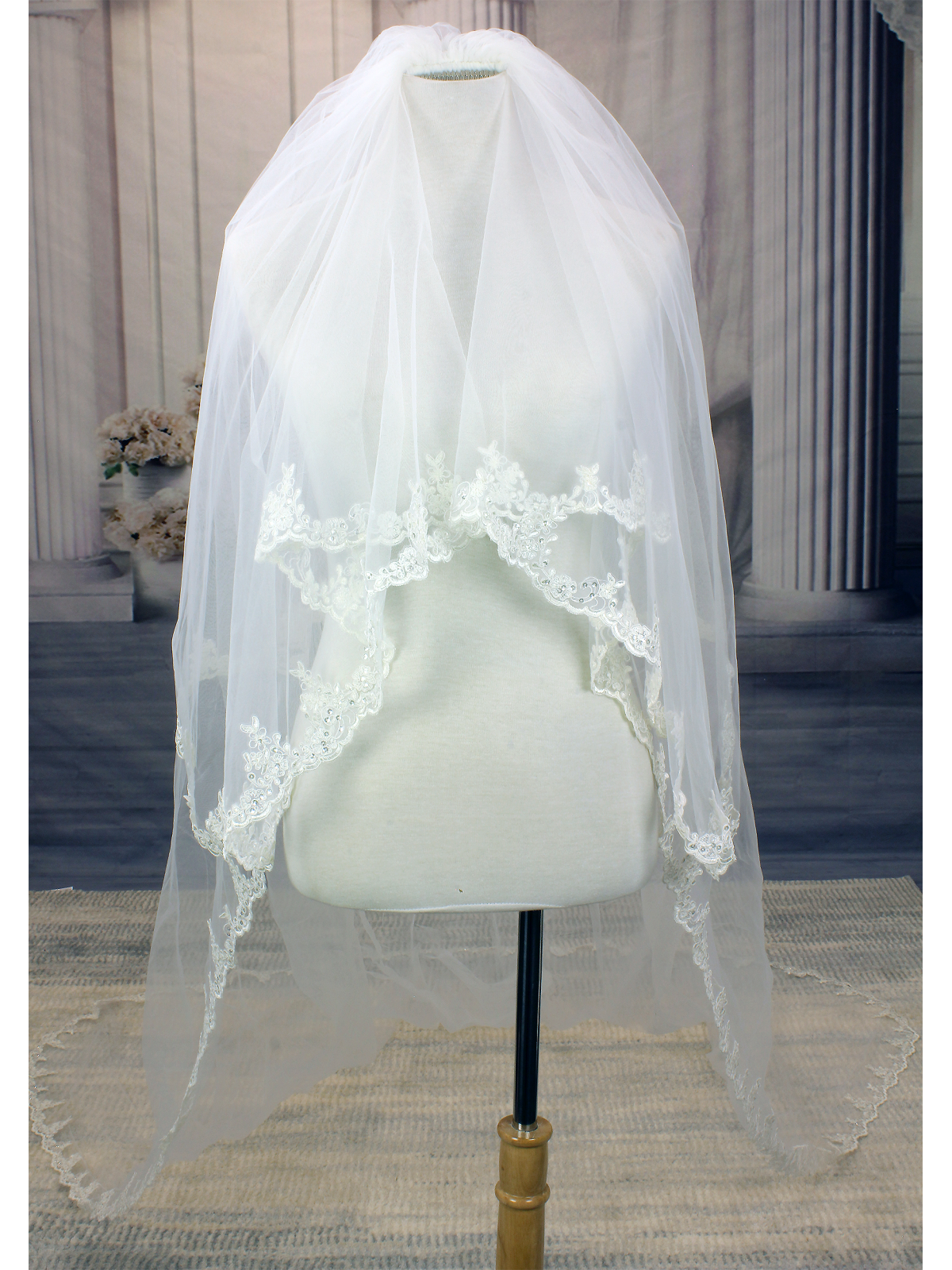 Long Veil - 2 layers Trim with sequined lace - 110" - VL-V1092-110IV