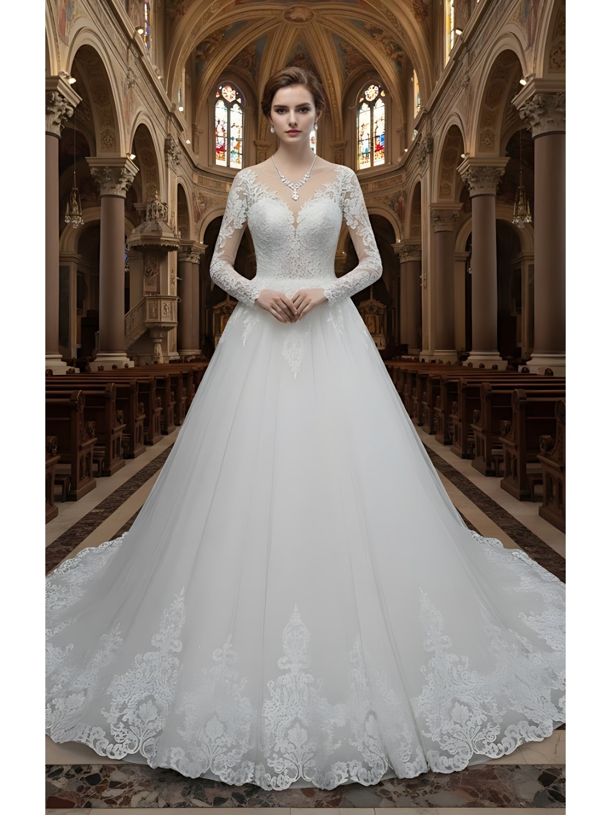 Wedding Dress - Long Sleeves Lace Appliqued Tulle Ball Gown with Sheer Cover Chest and Backline - BLC-B6004