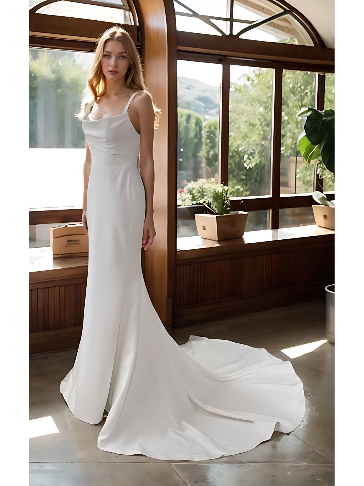 Wedding Dress - Crepe Fitted and Flare with Cowl Neckline - BLC-F2013
