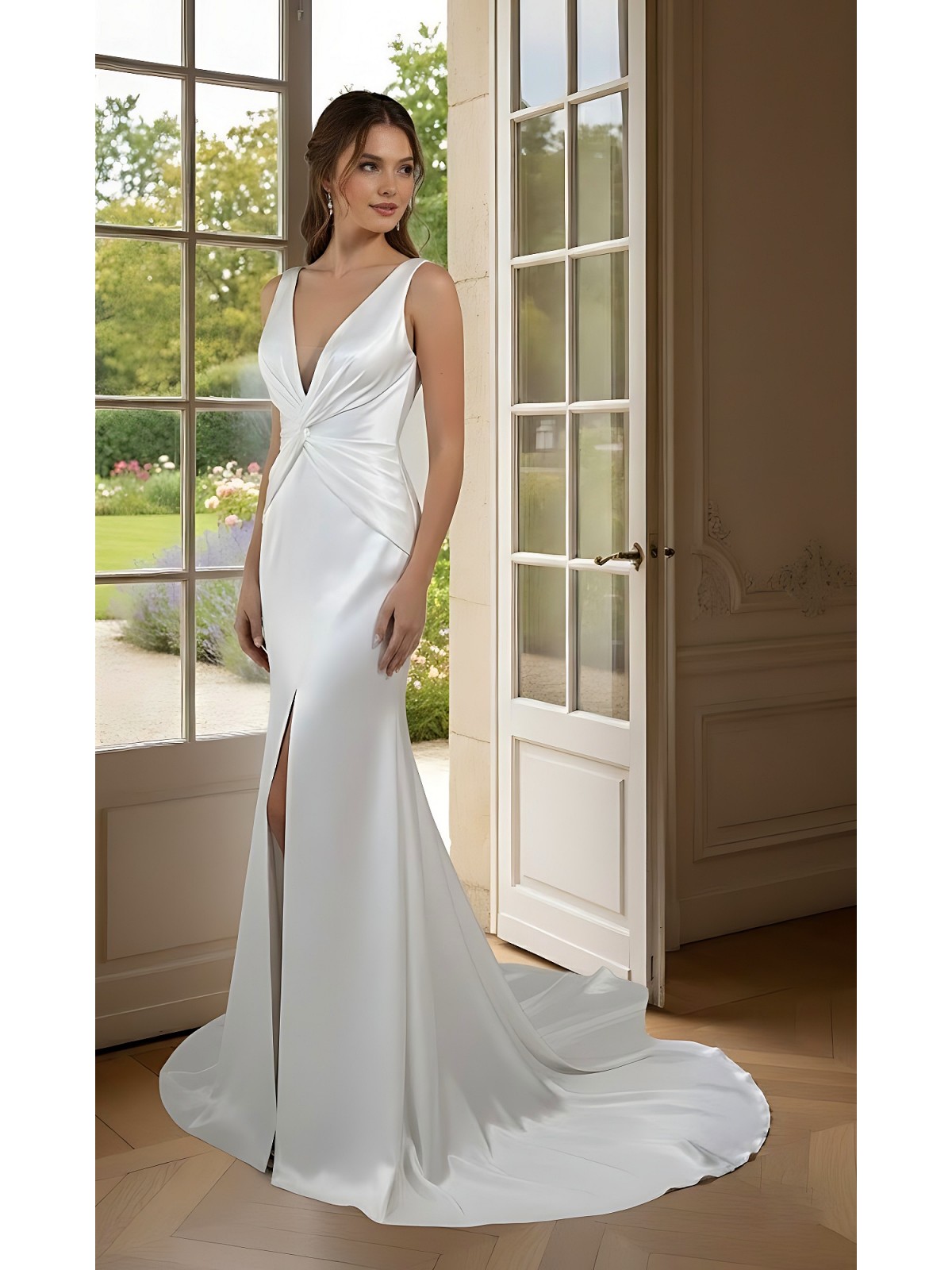 Wedding Dress - Satin Fitted and Flare with Twisted Cross Over Bust Neckline and Slit Skirt -  BLC-F3006