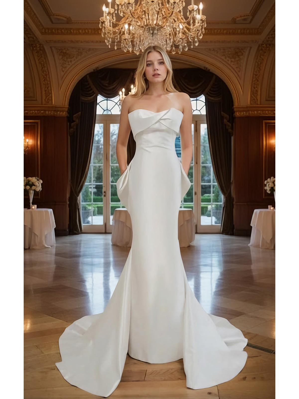 Wedding Dress - Crepe Sheath with Twisted Bust and Detachable Large Bow - BLC-S1005