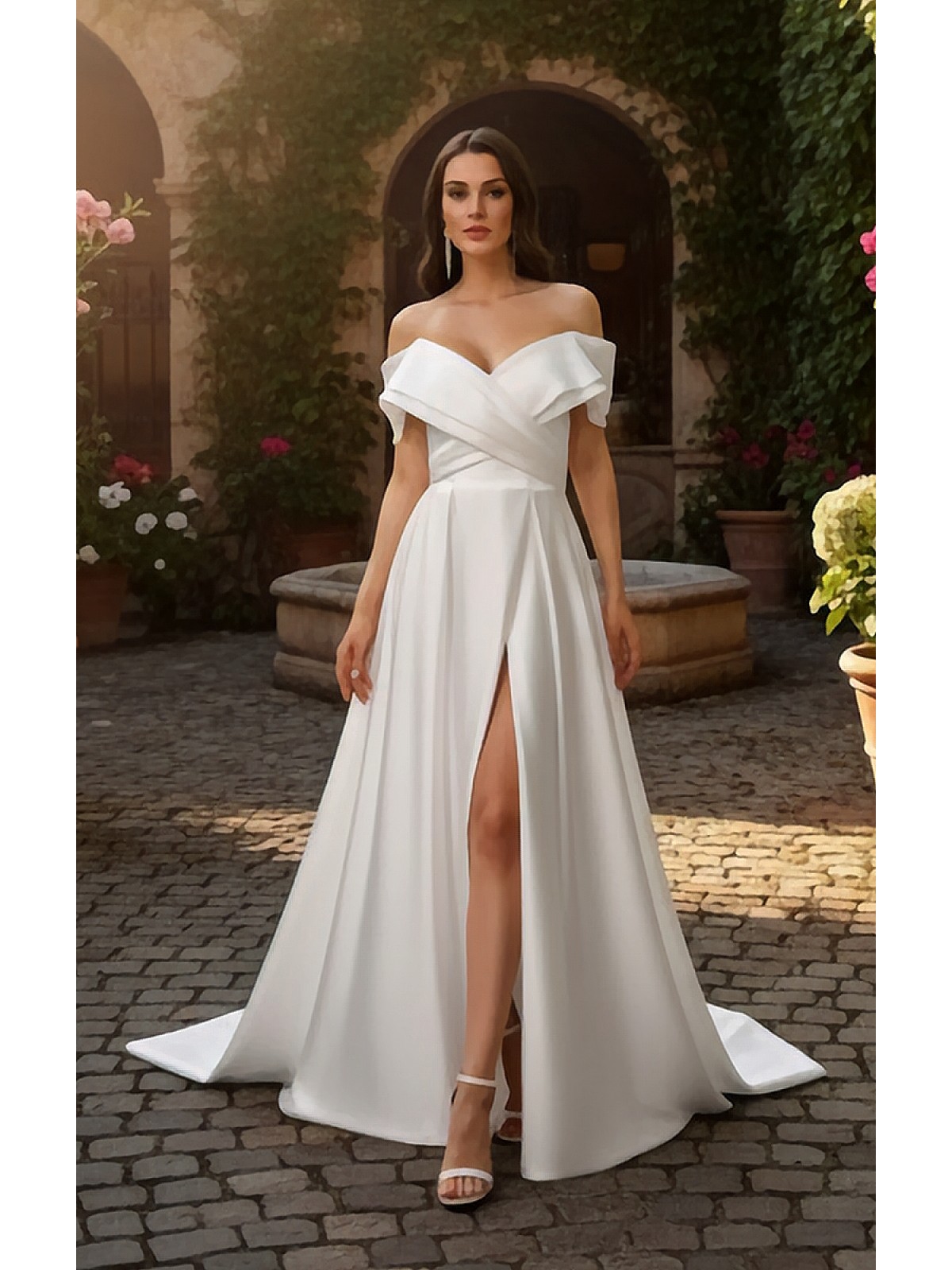 Modern Off-the-Shoulder Satin A-Line Gown with Slit - BLL-A54638