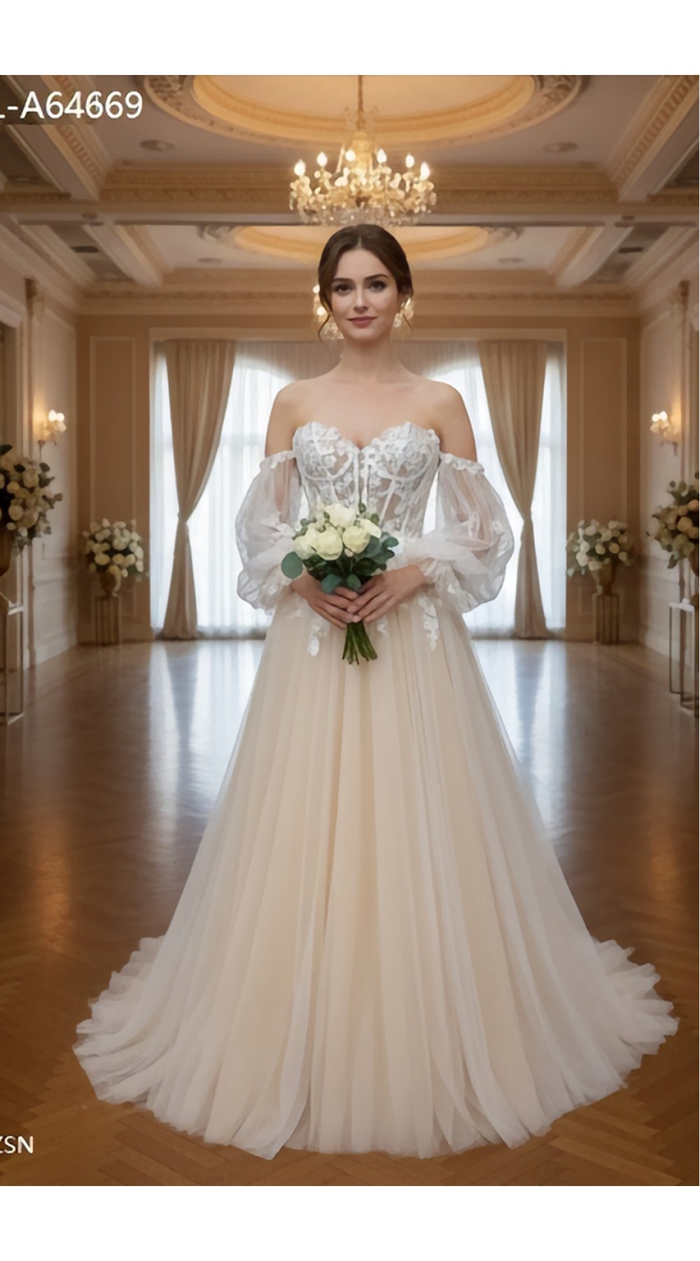 Detachable Off-the-Shoulder Bishop Long Sleeves Tulle A-Line Wedding Dress - BLL-A64669