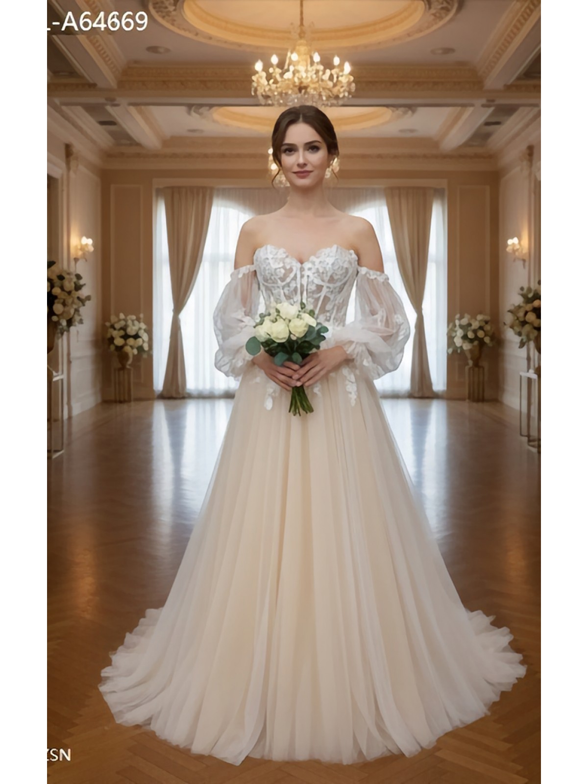 Detachable Off-the-Shoulder Bishop Long Sleeves Tulle A-Line Wedding Dress - BLL-A64669