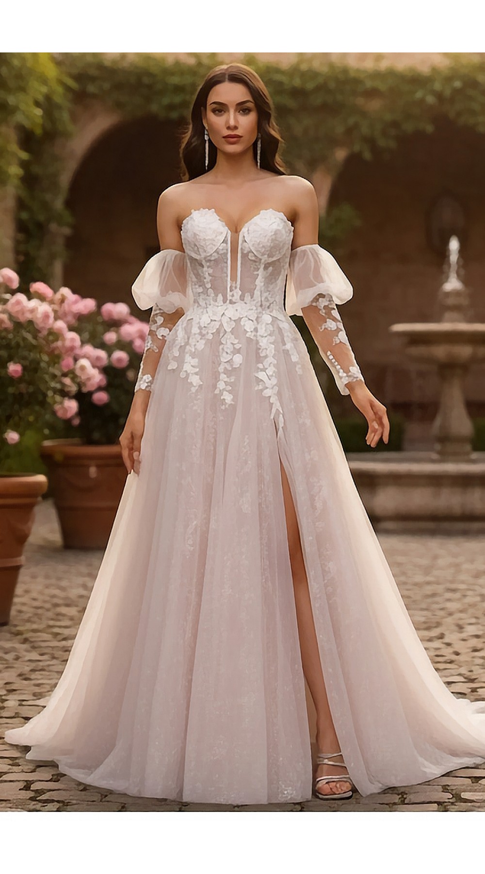 Glitter Tulle A-Line Gown with Corset Bodice and Detachable Sleeves - BLL-A64724