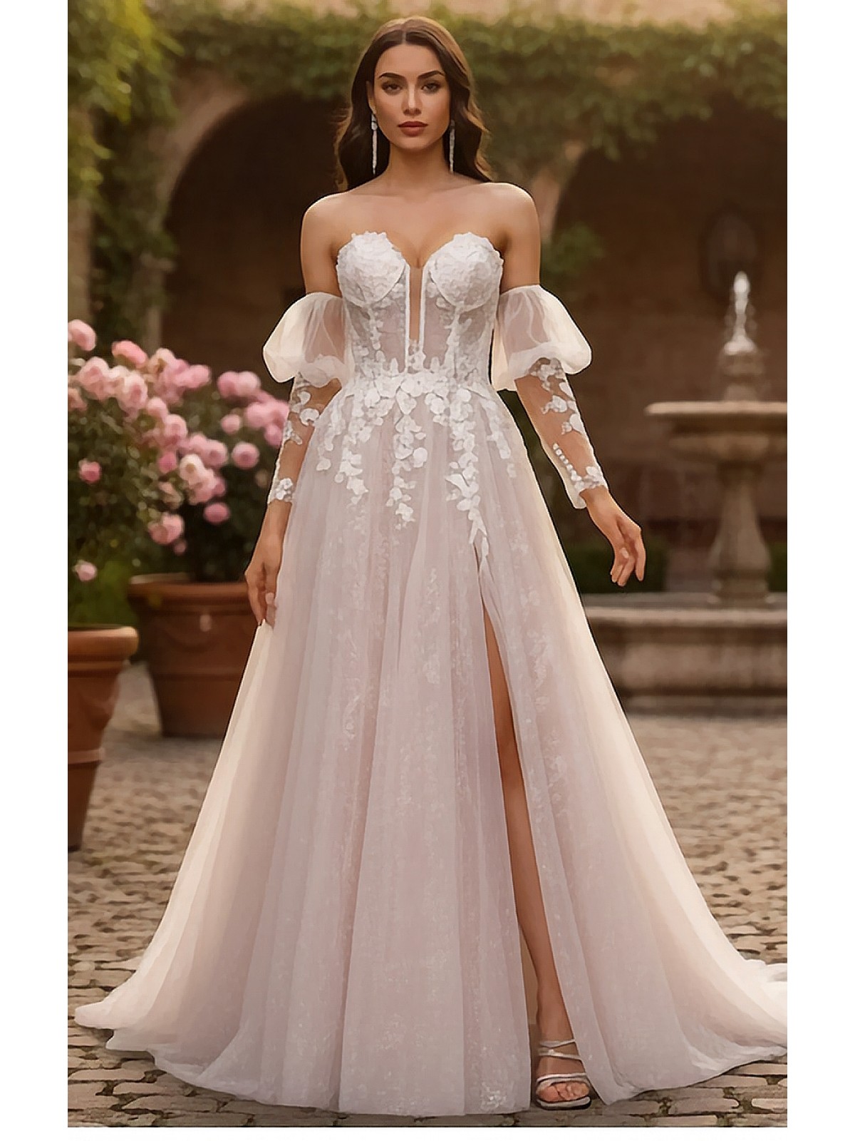 Glitter Tulle A-Line Gown with Corset Bodice and Detachable Sleeves - BLL-A64724