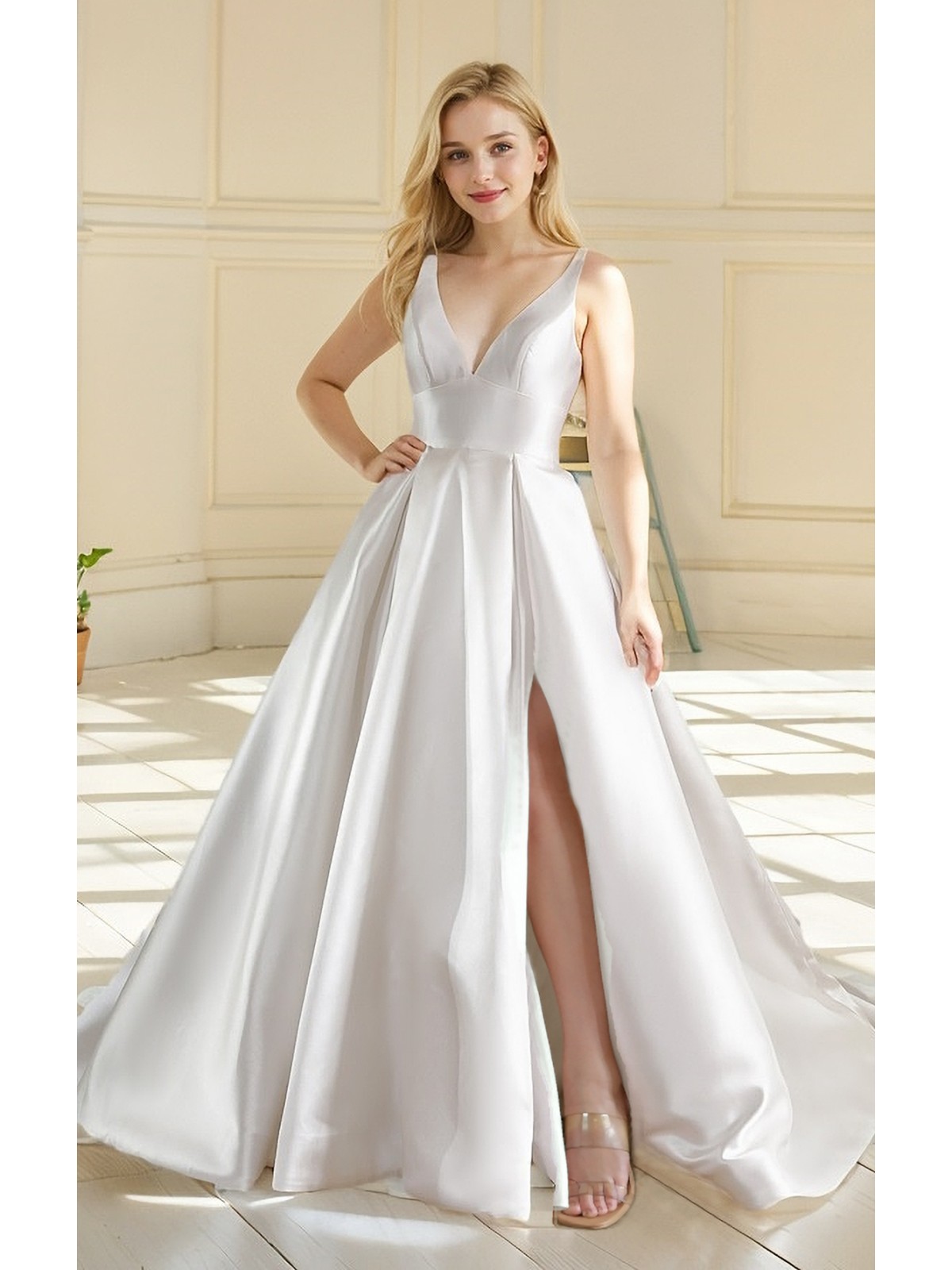  Wedding Dress - Satin Empire Waist Line Ball Gown with Slit Skirt - BLL-B3002
