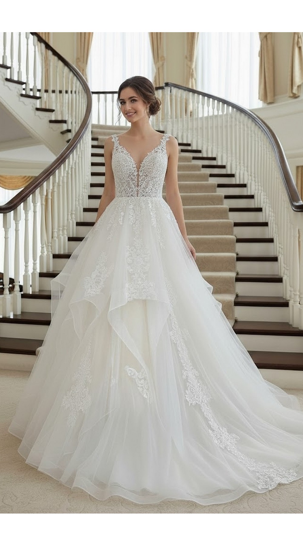 Romantic Plunge V-Neck Ball Gown with Tiered Tulle Skirt and Lace Appliqué - BLL-B34743