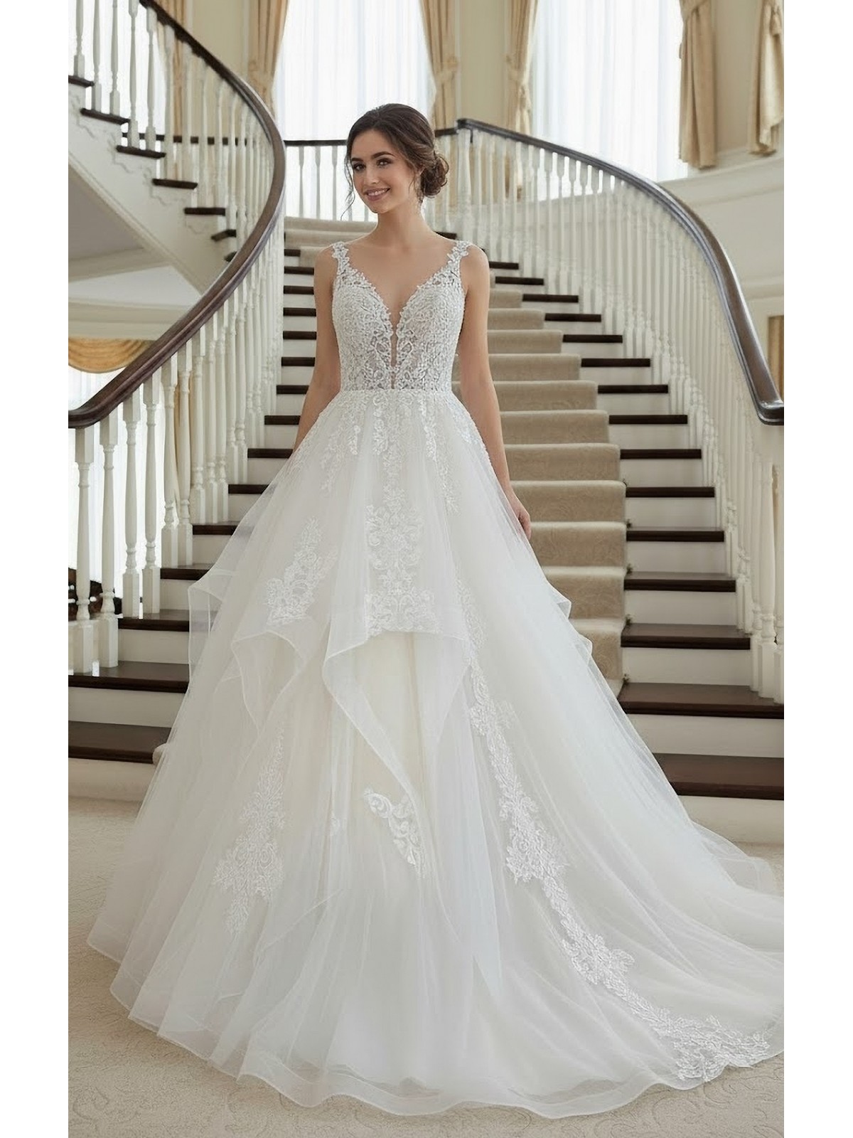 Romantic Plunge V-Neck Ball Gown with Tiered Tulle Skirt and Lace Appliqué - BLL-B34743