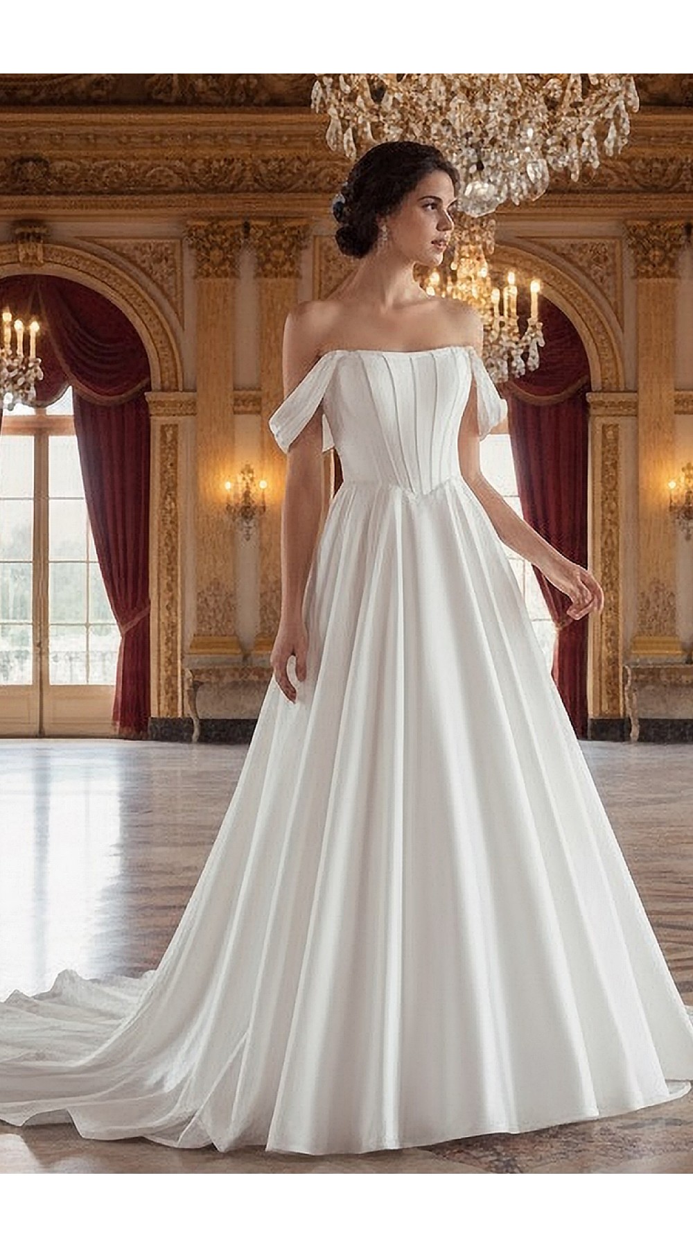 Elegant Off-the-Shoulder Satin Ball Gown with Structured Bodice - BLL-B54803