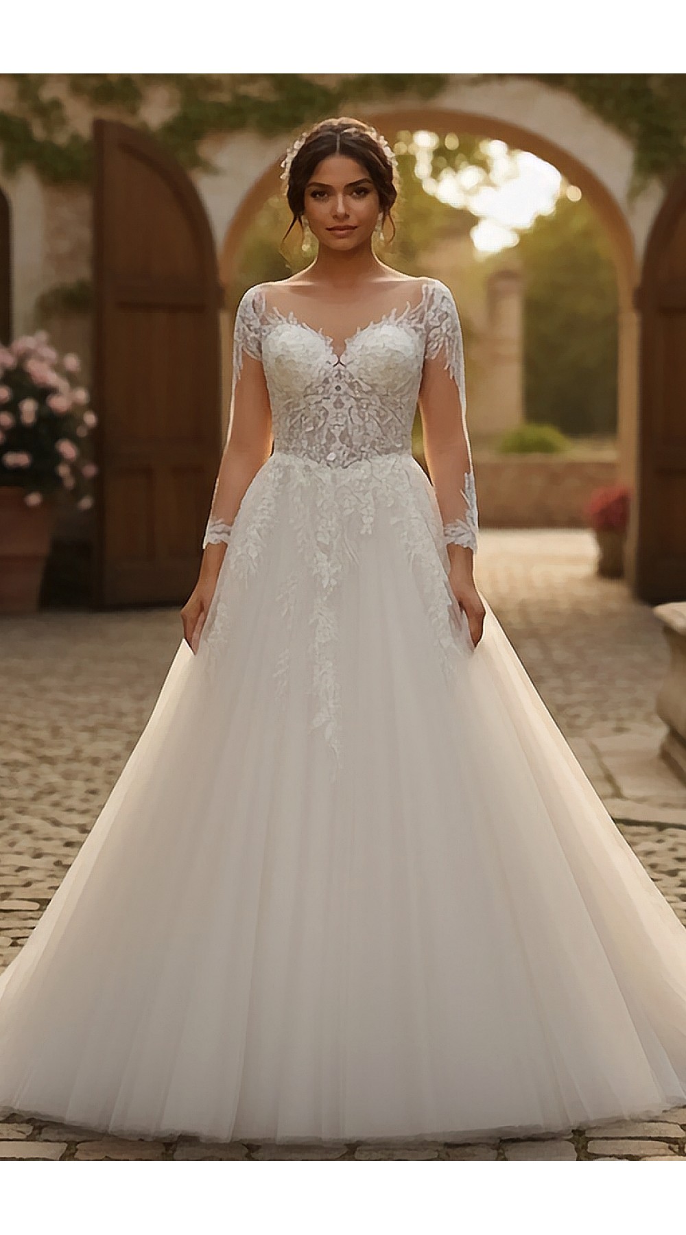 Elegant Long-Sleeve Lace and Tulle Ball Gown with Illusion Neckline - BLL-B64709