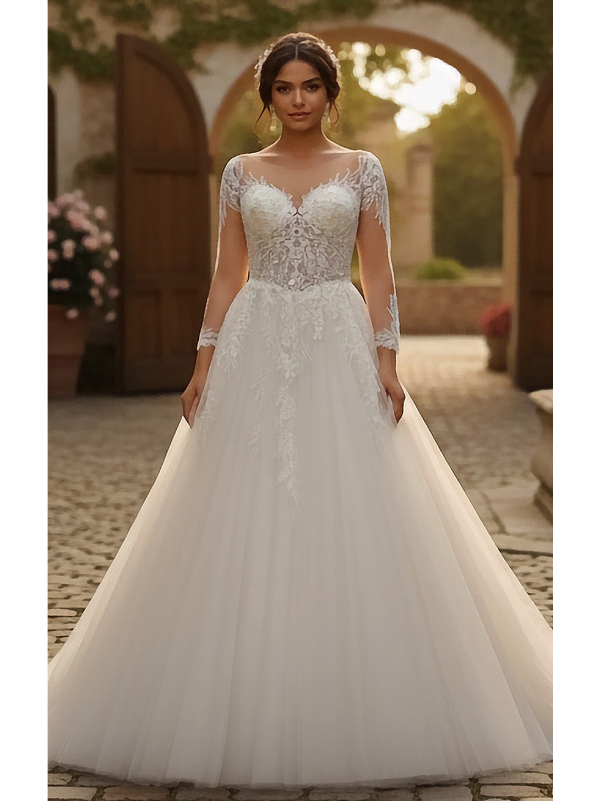 Elegant Long-Sleeve Lace and Tulle Ball Gown with Illusion Neckline - BLL-B64709
