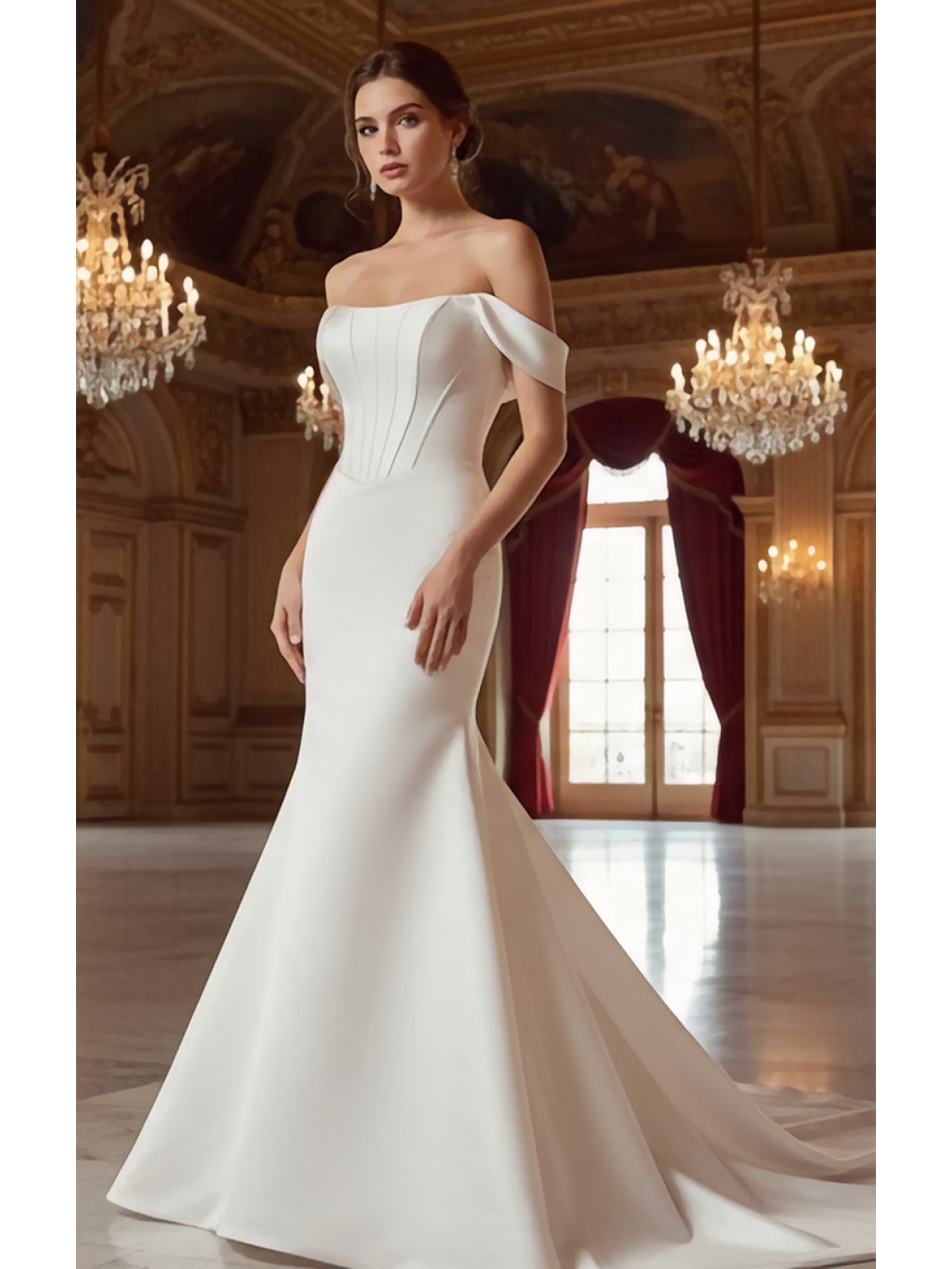 Structured Satin Off-the-Shoulder Mermaid Gown with Corset Bodice - BLL-F54802