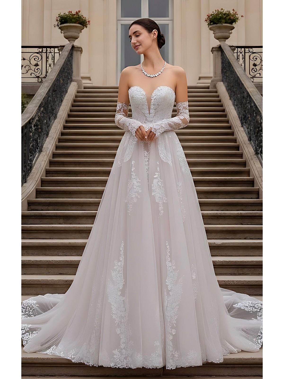 A-line V-shape Wedding Dress Sleeveless / Detachable Long Sleeves - BLM-A1006