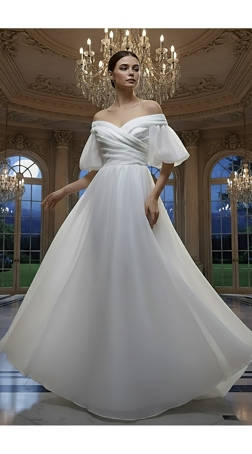Elegant Ruching Off-the-Shoulder Satin A-Line Bridal Dress - BLM-AA0647