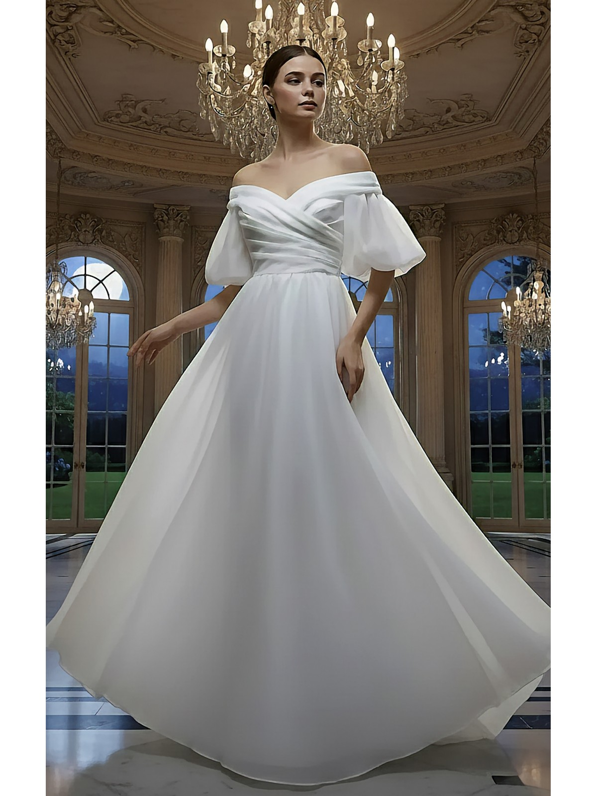 Elegant Ruching Off-the-Shoulder Satin A-Line Bridal Dress - BLM-AA0647