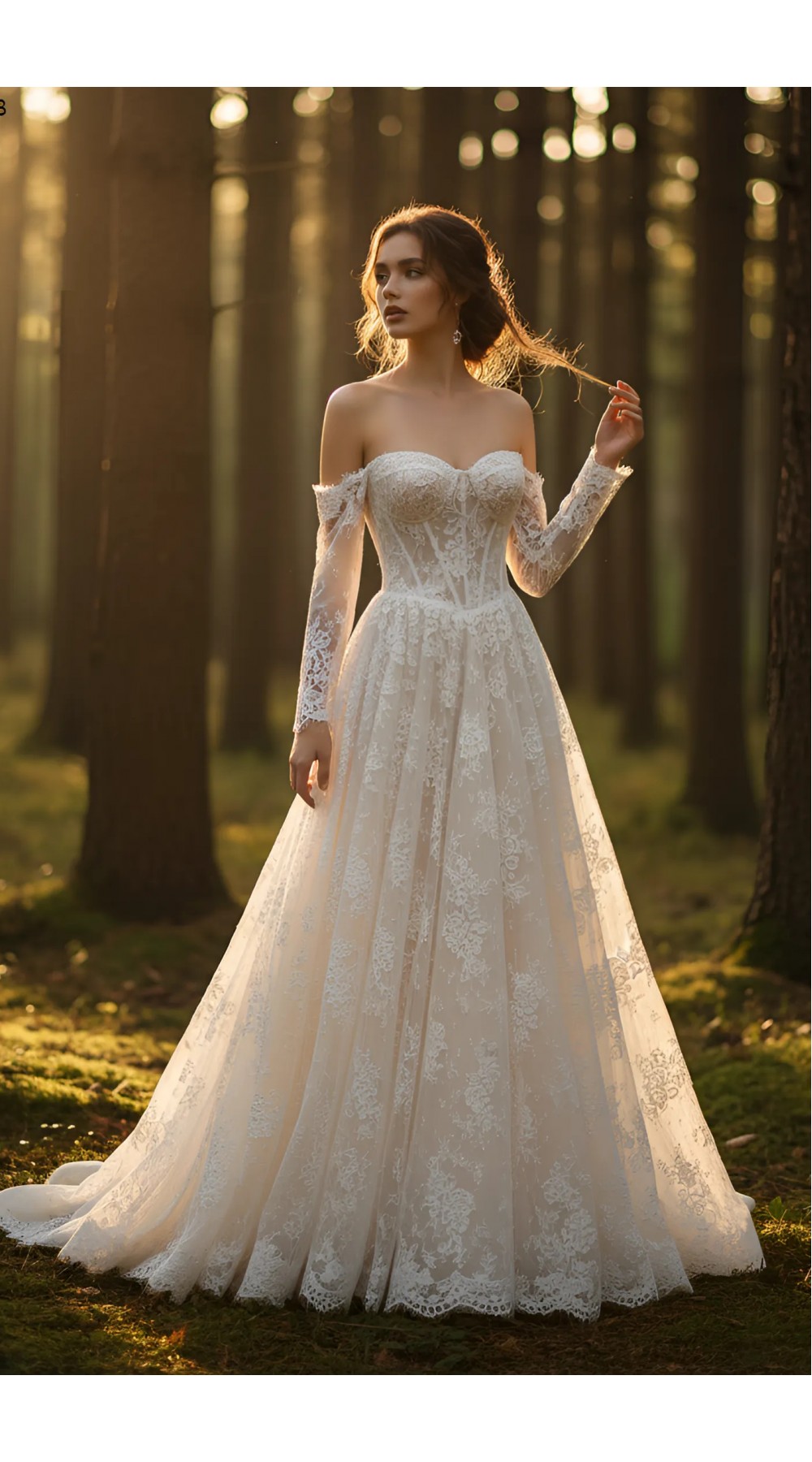 A-Line Wedding Dress - Off-the-Shoulder Lace Gown with Illusion Long Sleeves - BLM-AE4148