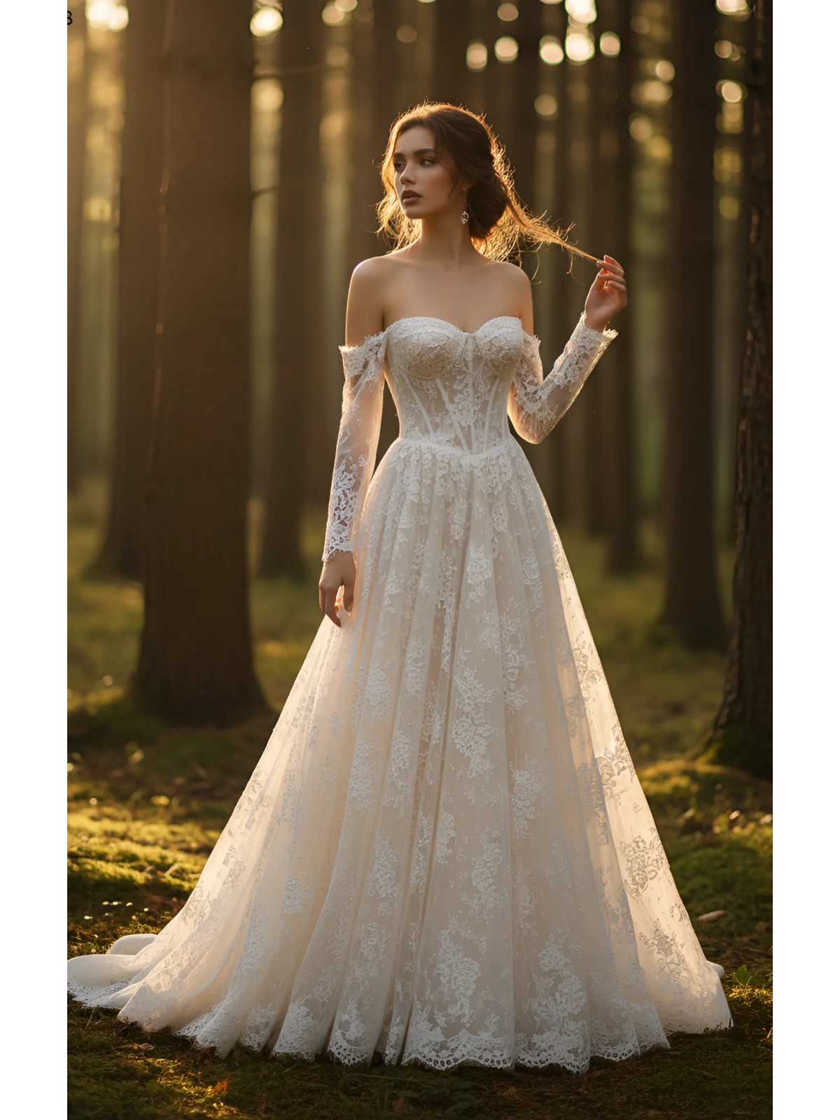 A-Line Wedding Dress - Off-the-Shoulder Lace Gown with Illusion Long Sleeves - BLM-AE4148