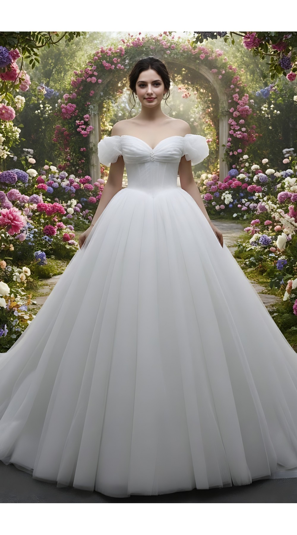 Glittery Tulle Ball Gown with Off-Shoulder Short Sleeves and Corset Back- BLM-BA0779