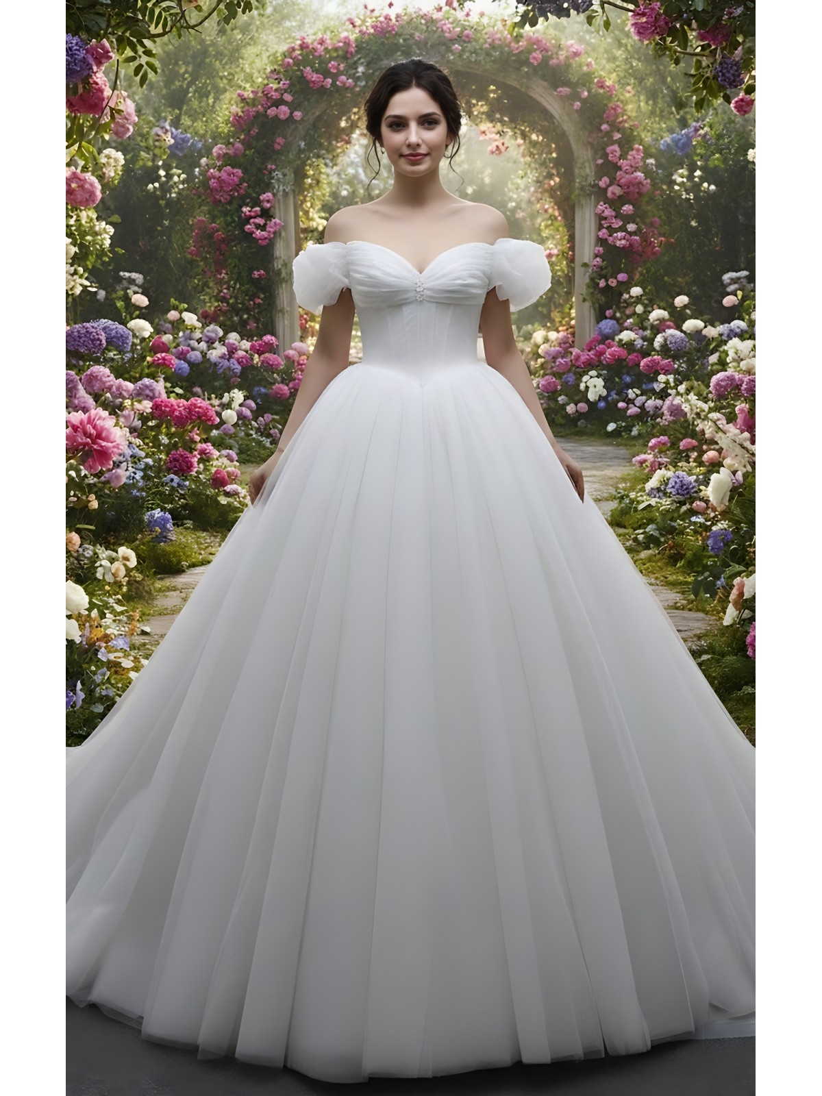 Glittery Tulle Ball Gown with Off-Shoulder Short Sleeves and Corset Back- BLM-BA0779