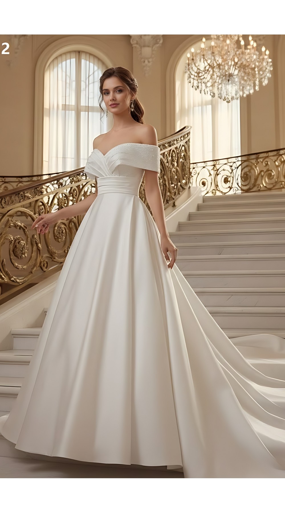 Elegant Satin Ball Gown: Beaded Ruched Bodice, Off-the-Shoulder, Chapel Train and Button-Back Detail  - BLM-BSS132