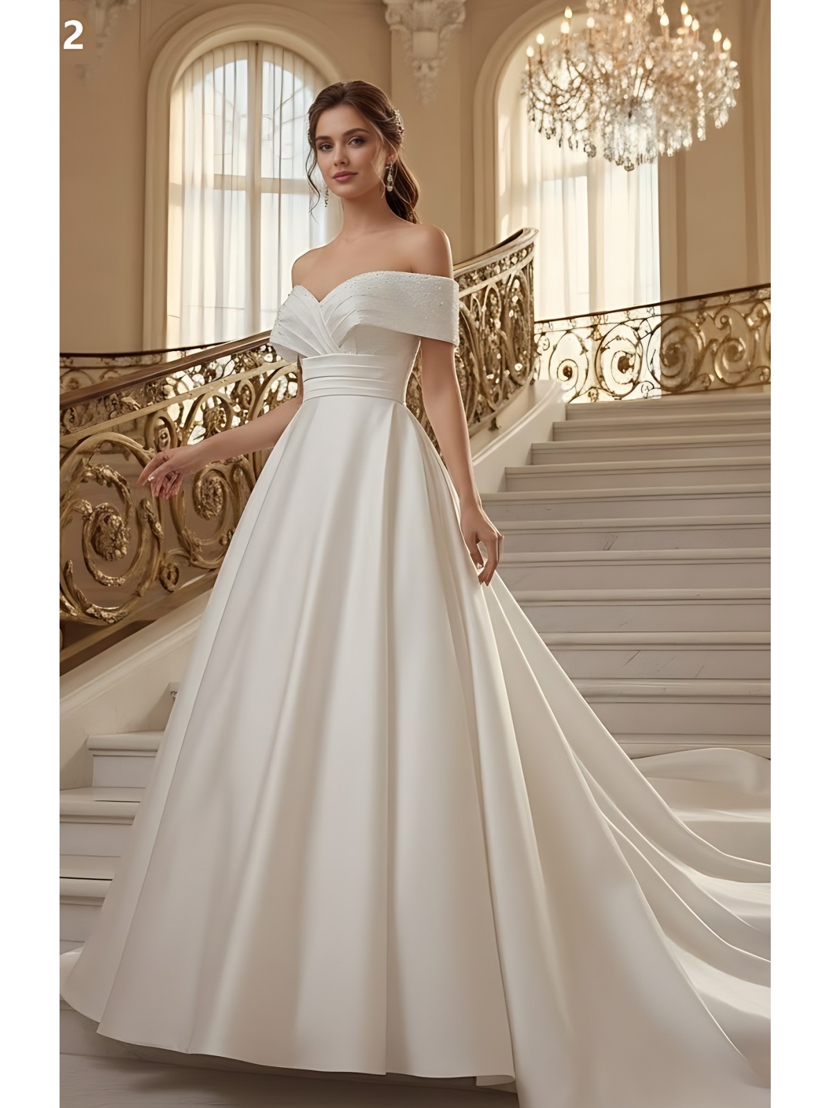 Elegant Satin Ball Gown: Beaded Ruched Bodice, Off-the-Shoulder, Chapel Train and Button-Back Detail  - BLM-BSS132