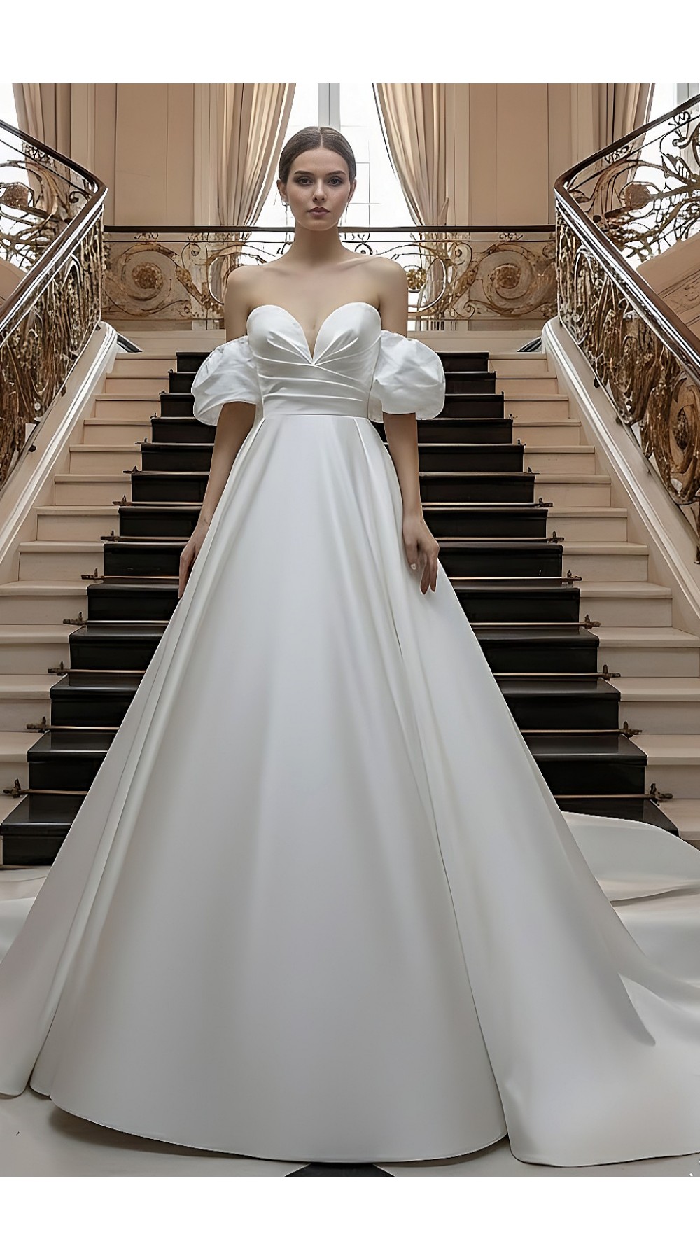 Satin Ball Gown - Ruched Bodice with Detachable Balloon Short Sleeves - BLM-BSS133