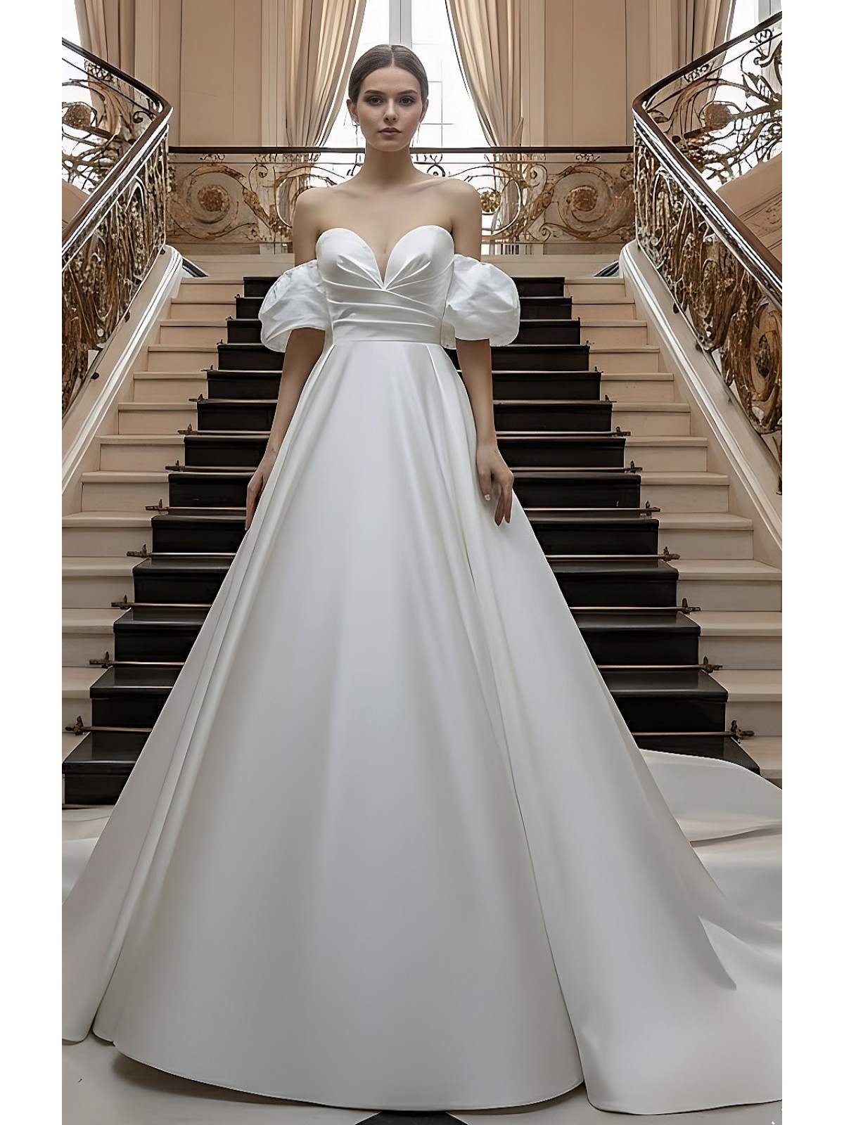 Satin Ball Gown - Ruched Bodice with Detachable Balloon Short Sleeves - BLM-BSS133