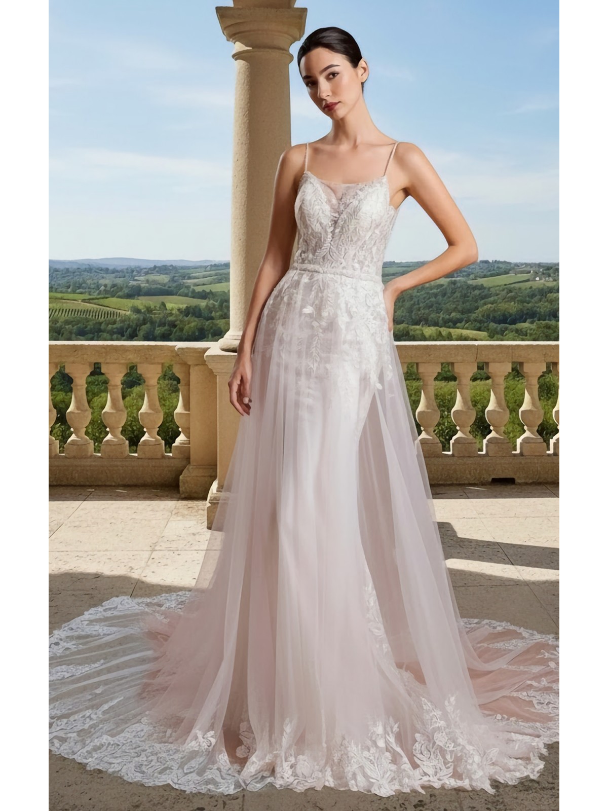 Fitted & Flare / A-line Overskirt Wedding Dress with Spaghetti Straps - BLM-F2010OS