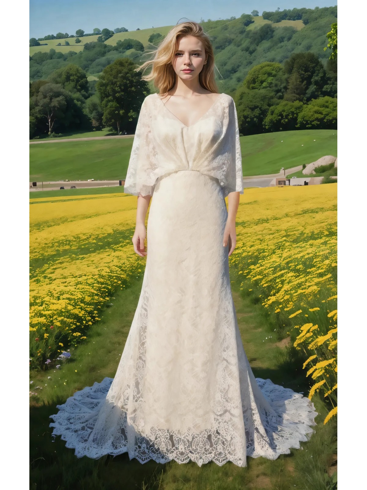 Bohemian V-shape Wedding Dress with Elbow-length Sleeve - BLM-F4001