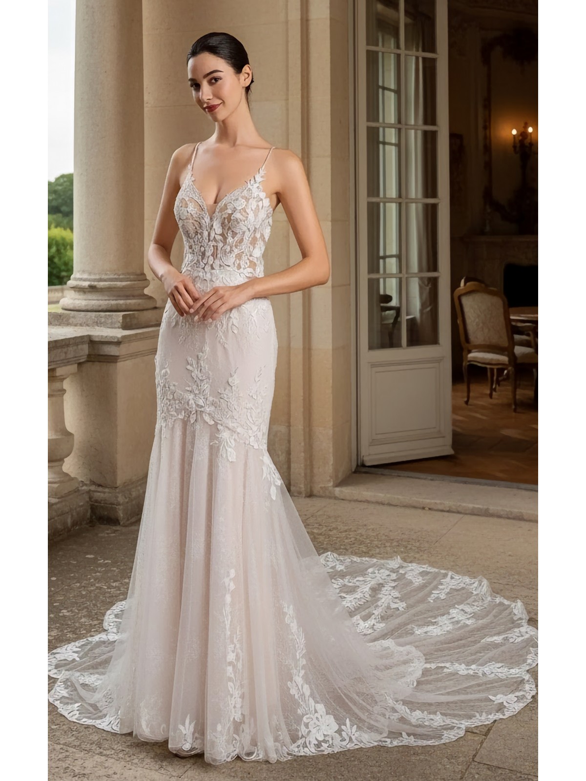 Mermaid V-shape Wedding Dress with Spaghetti Straps - BLM-M2003