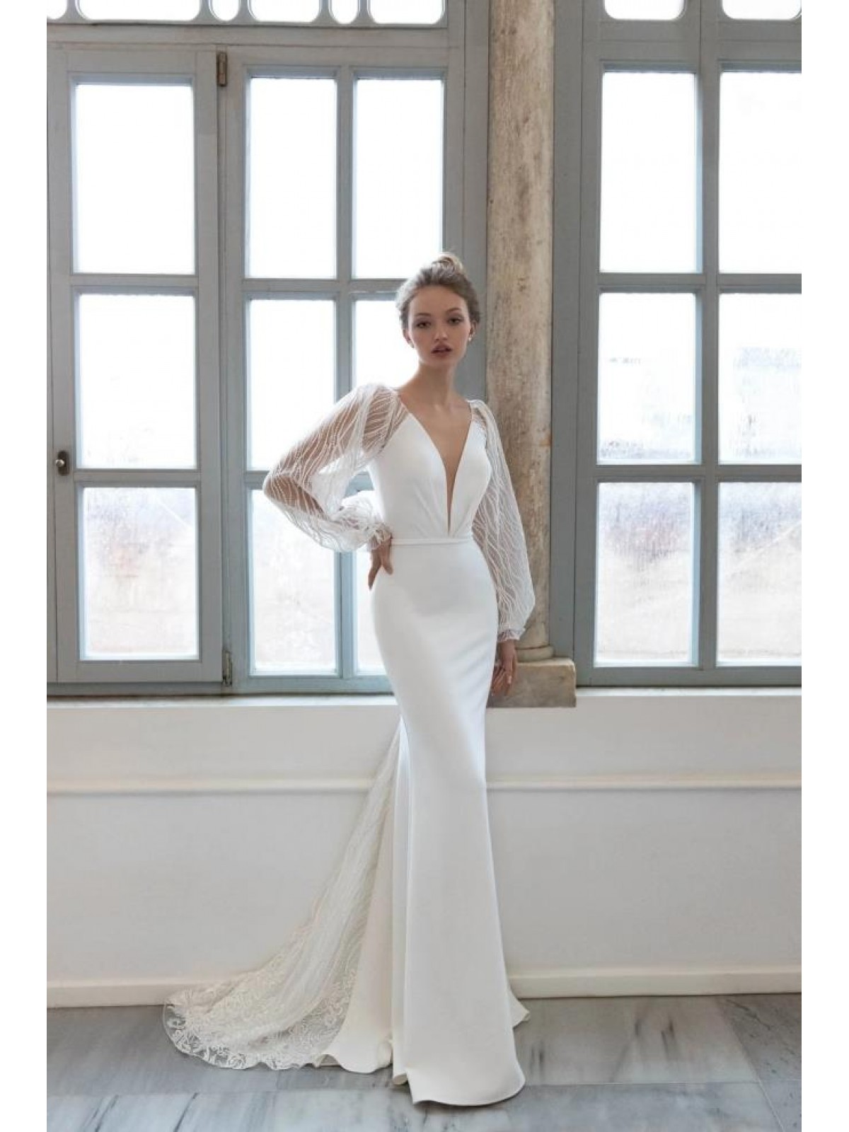 Fitted & Flare Plunge V Neckline with Sheer Sequin Lace Puffy Long Sleeves Wedding Dress - CB-08144PLD