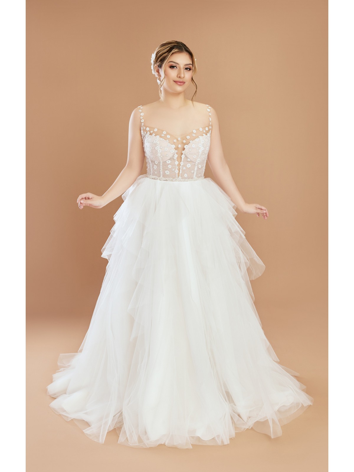 Glitter Floral Spaghetti Straps Ball Gown Wedding Dress - Plus Size - CB-B1001P