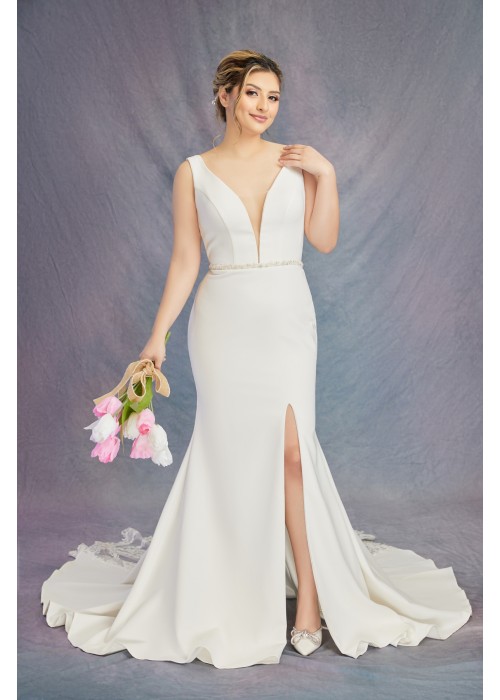 Fitted & Flare Plunge V Neck Tank Top Wedding Dress - CB-F3001