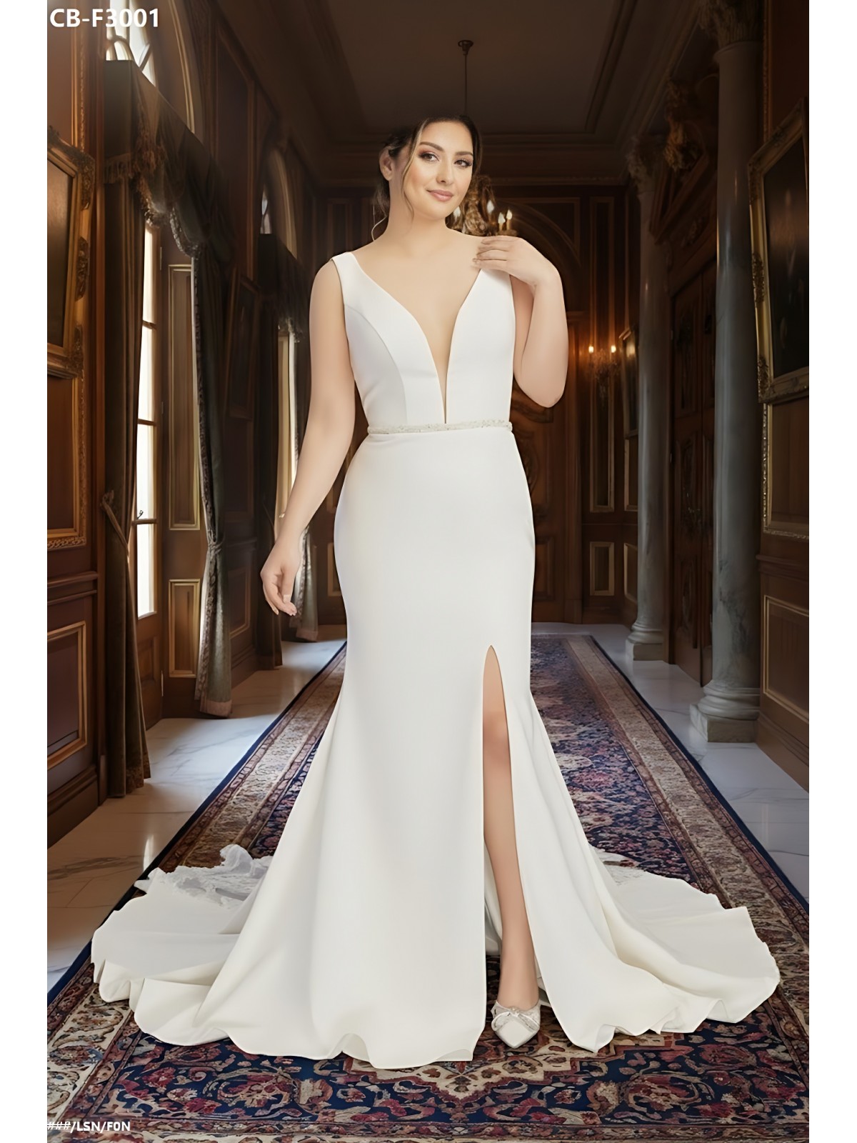 Fitted & Flare Plunge V Neck Tank Top Wedding Dress - CB-F3001