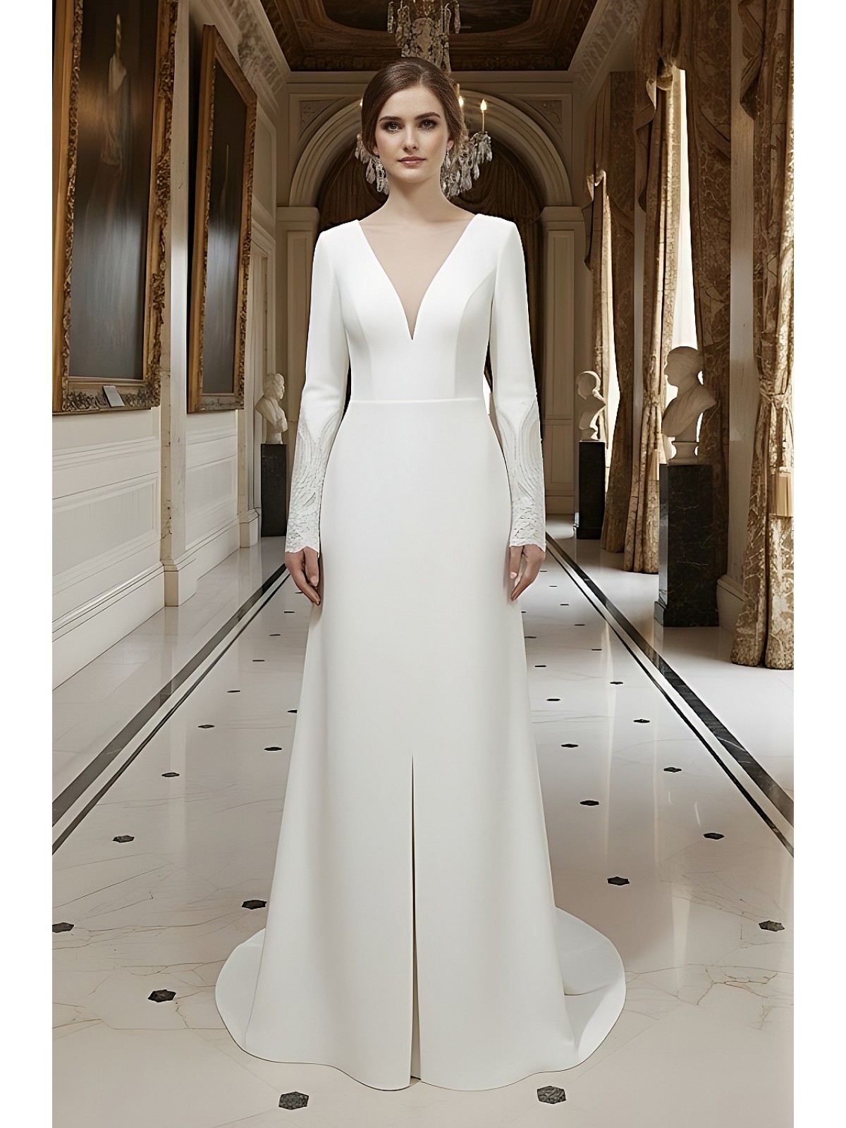 Fitted and Flare Crepe Long Sleeves  Wedding Dress - CB-F6001-A