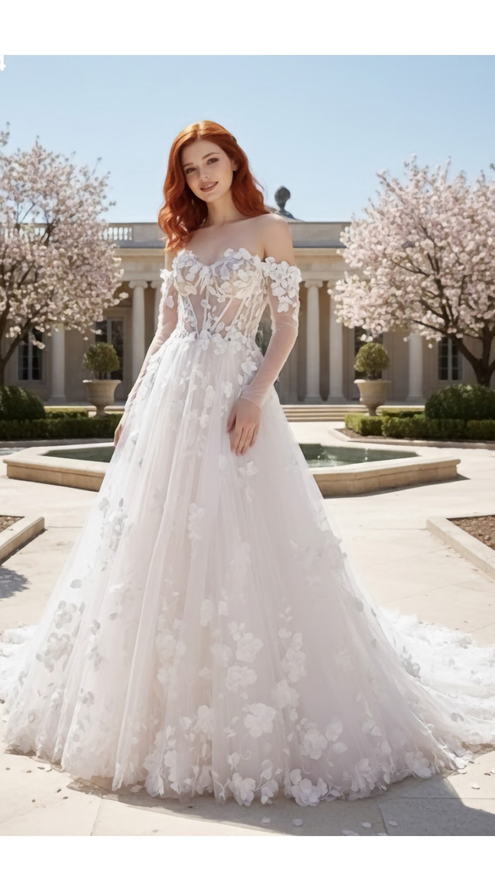 A-Line  3-D Flower Lace Wedding Dress with Bustier Bodice- LV-A1004DS