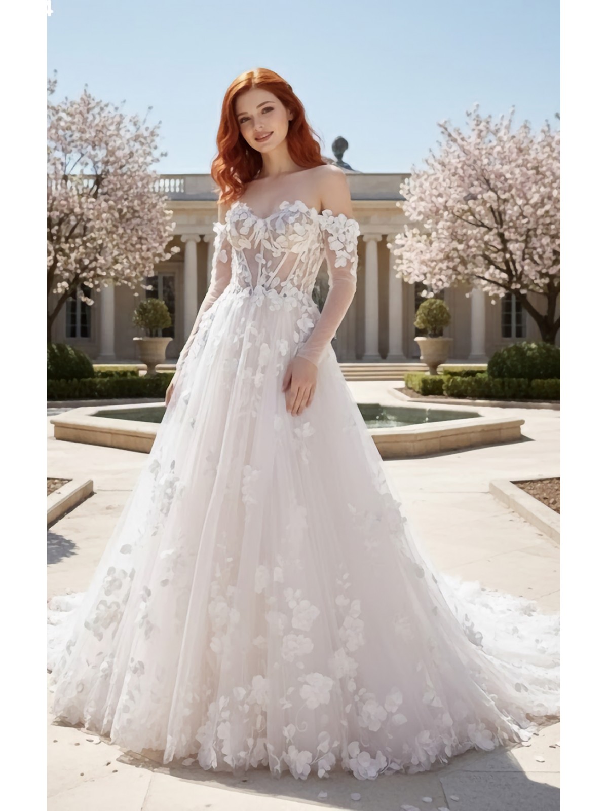 A-Line  3-D Flower Lace Wedding Dress with Bustier Bodice- LV-A1004DS
