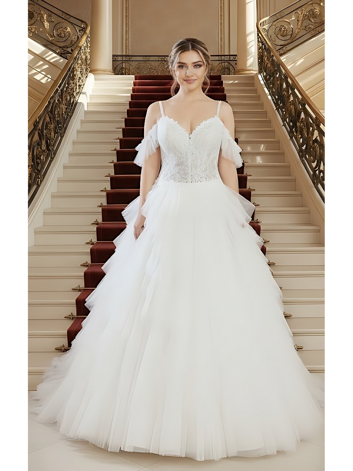 A-line Sequined Floral Lace Appliqued Tulle Ruffle Tiered Skirt With Off-shoulder Straps Wedding Dress - LV-A2002