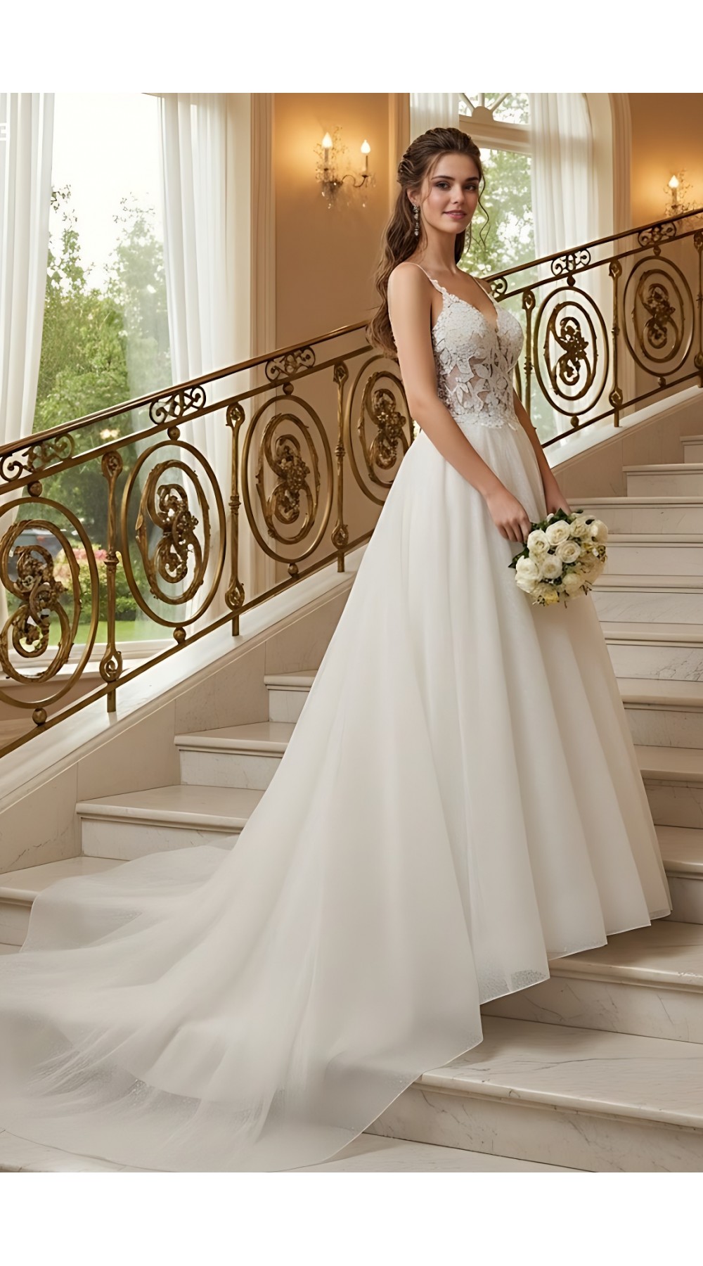 A-Line Chic Glitter Tulle  V-Neck Spaghetti Straps Wedding Dress - LV-A2003