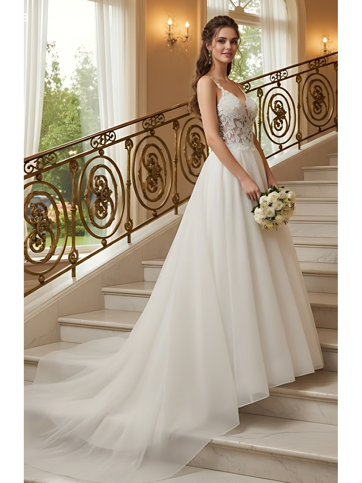 A-Line Chic Glitter Tulle  V-Neck Spaghetti Straps Wedding Dress - LV-A2003