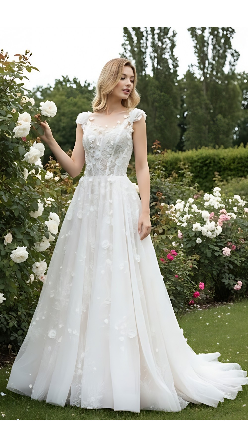 Wedding Dress - 3-D Beaded Floral lace Applique Tulle A-line with Handmade 3-D Roses Neckline - LV-A3005
