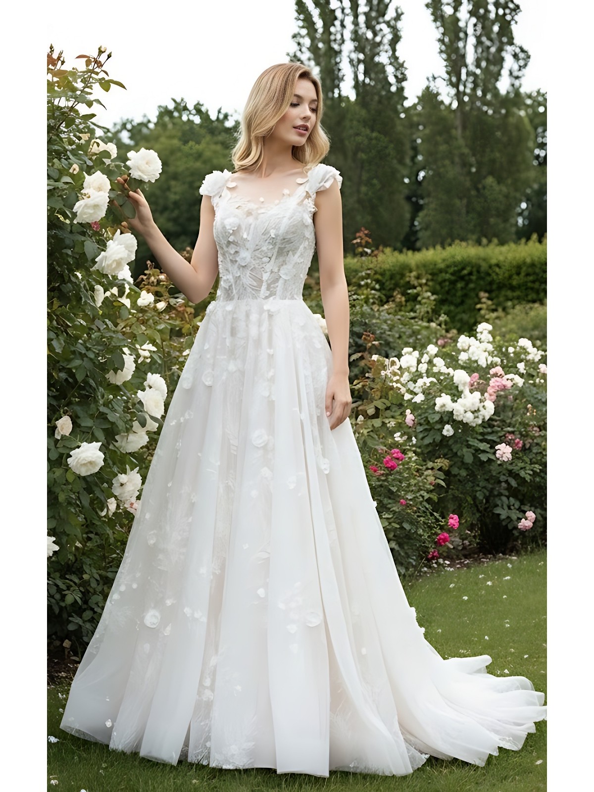 Wedding Dress - 3-D Beaded Floral lace Applique Tulle A-line with Handmade 3-D Roses Neckline - LV-A3005