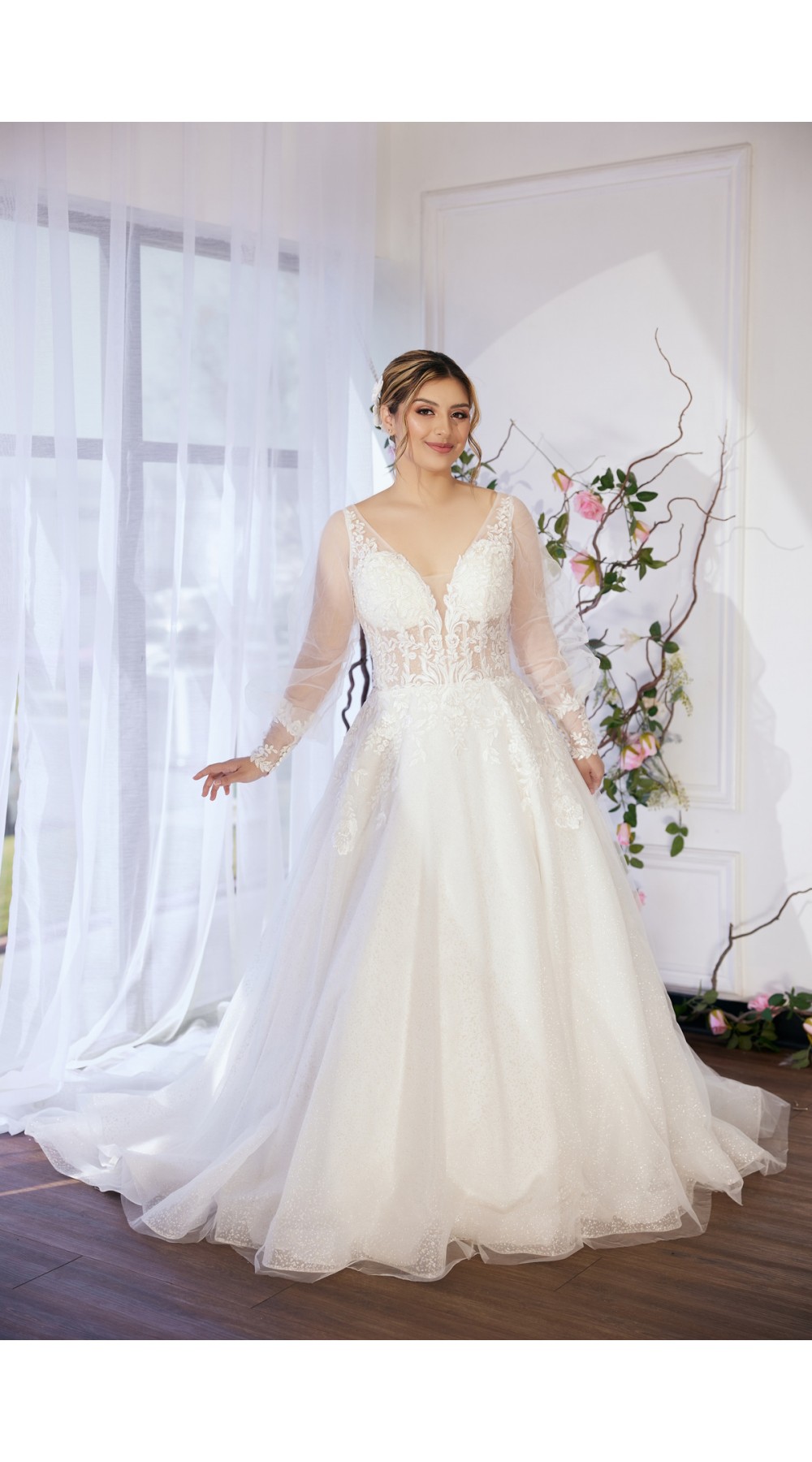 A-line Plunge V  with Detachable Puffy Long Sleeves Wedding Dress - LV-A4001