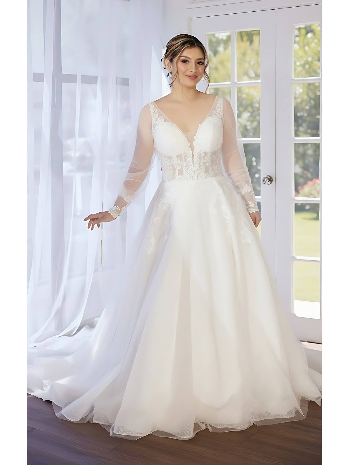 A-line Plunge V Sequined Floral Lace Tulle Wedding Dress with Detachable Bishop Long Sleeves - LV-A4001 