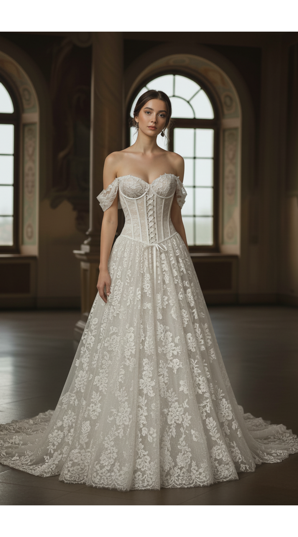 Wedding Dress - A-Line Off-the-Shoulder Sweetheart Corset Bodice Low Back with Buttons Wedding Dress - LV-A5008
