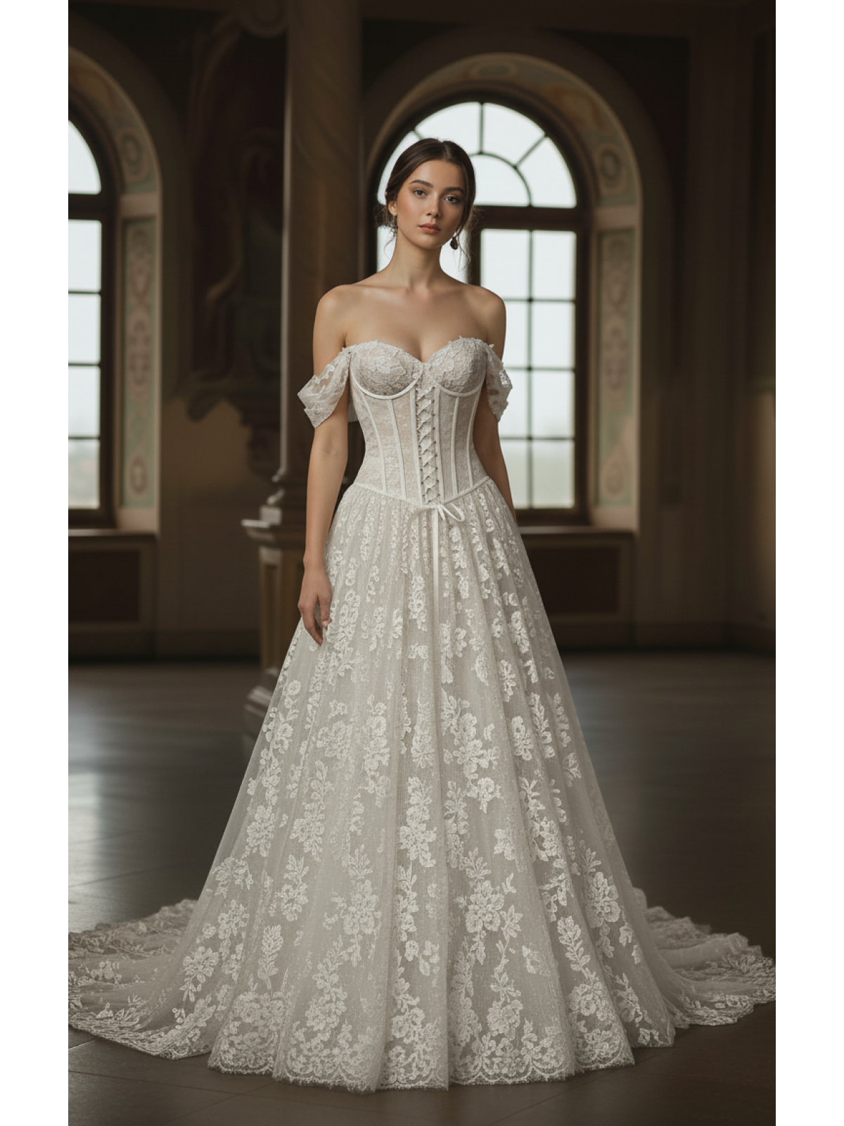 Wedding Dress - A-Line Off-the-Shoulder Sweetheart Corset Bodice Low Back with Buttons Wedding Dress - LV-A5008